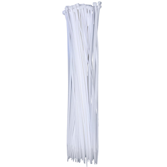Tall bundle of white 14 in QualGear self-locking cable ties standing upright