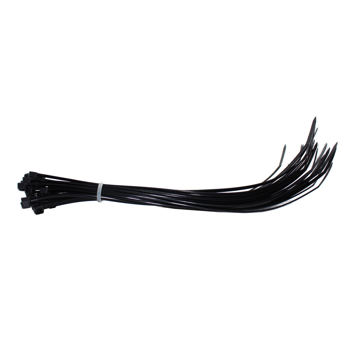 Long black 11 in QualGear cable ties splayed loose, showing strap flex