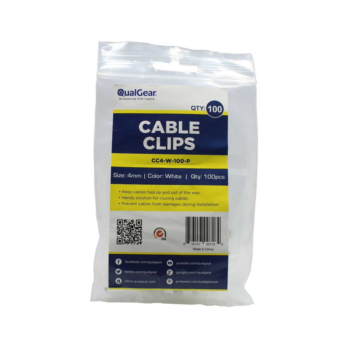 QualGear retail bag of 100 white 4 mm nail-in cable clips with labeled size and quantity