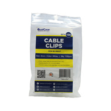 QualGear retail bag of 100 white 4 mm nail-in cable clips with labeled size and quantity