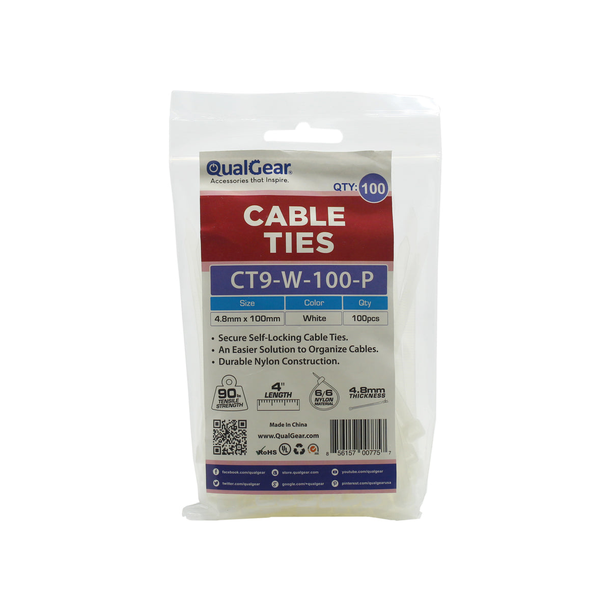 QualGear 4 in self-locking nylon cable ties, white, in the labeled 100-pack bag