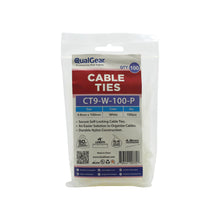 QualGear 4 in self-locking nylon cable ties, white, in the labeled 100-pack bag