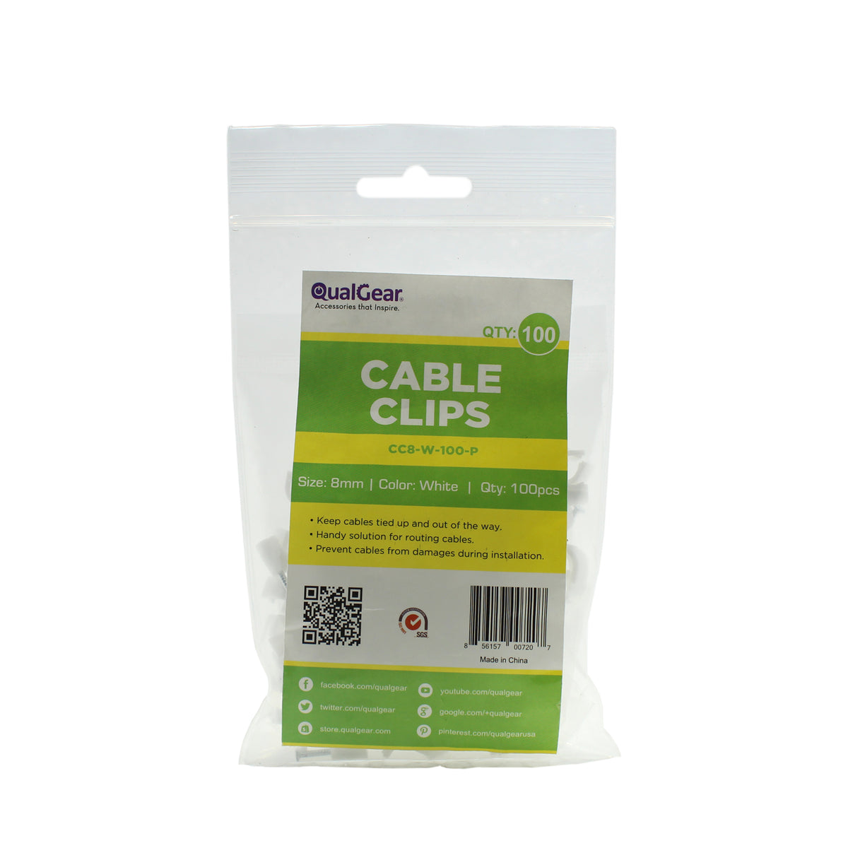 QualGear 8 mm cable clips in the labeled 100-pack poly bag, white