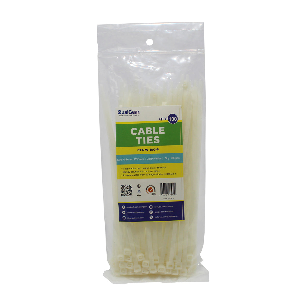 QualGear retail bag of 100 white 8 in nylon self-locking cable ties