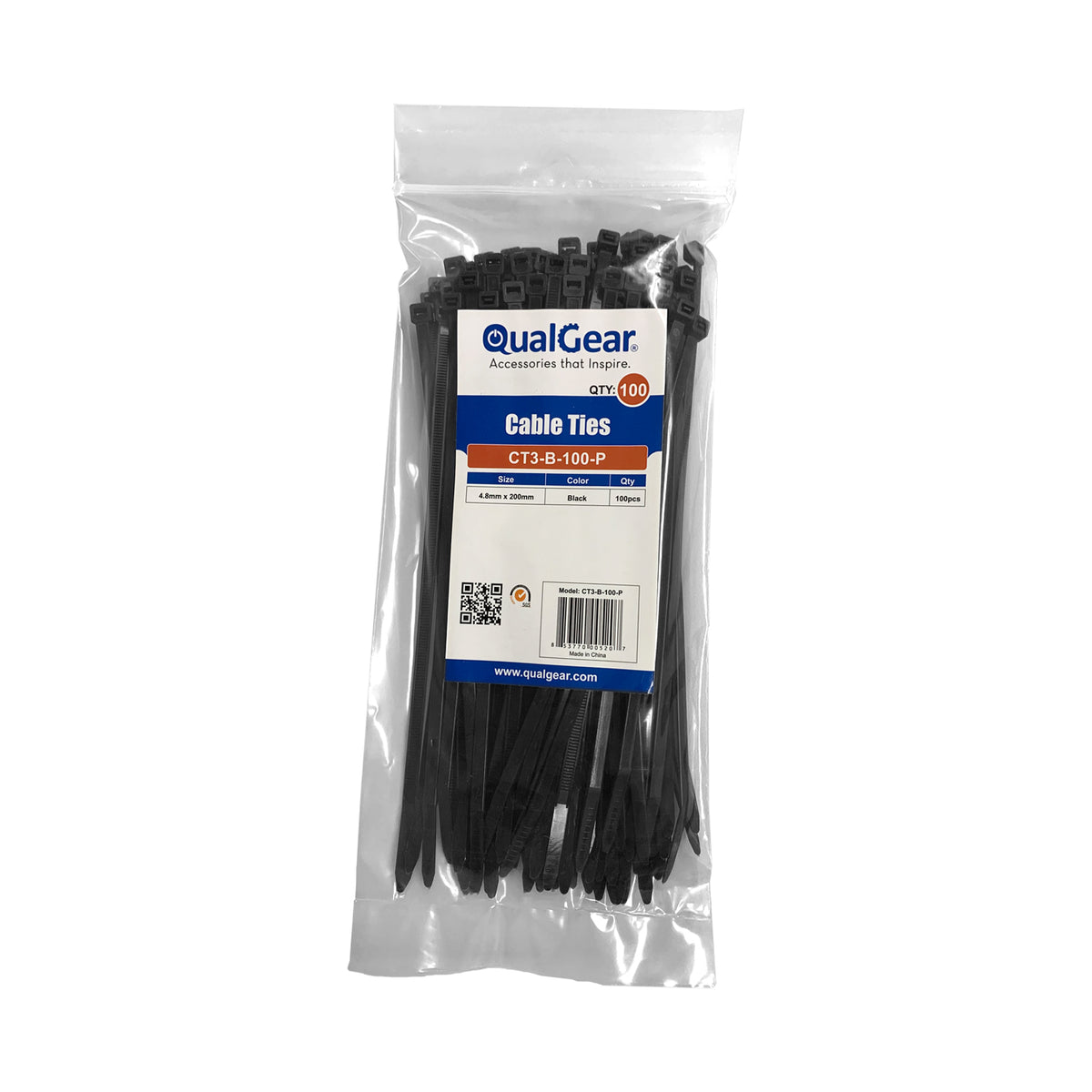 QualGear retail bag of 100 black 4 in self-locking cable ties with labeled size chart