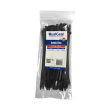 QualGear retail bag of 100 black 4 in self-locking cable ties with labeled size chart