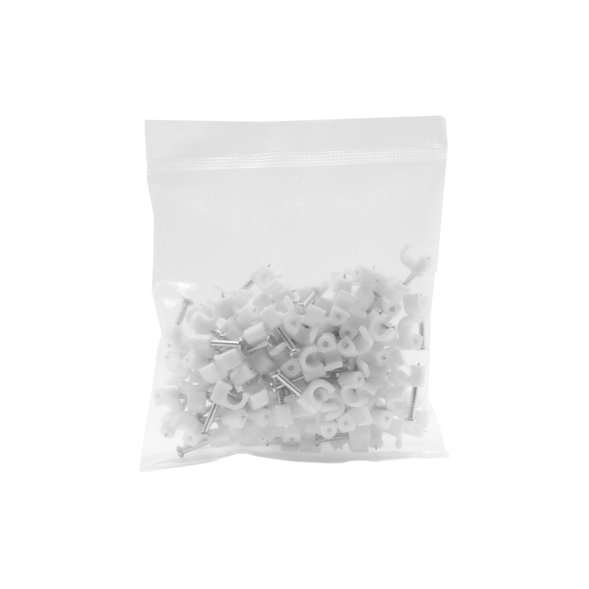 Clear poly bag holding the 100-pack of white QualGear 4 mm clips with nails pre-inserted