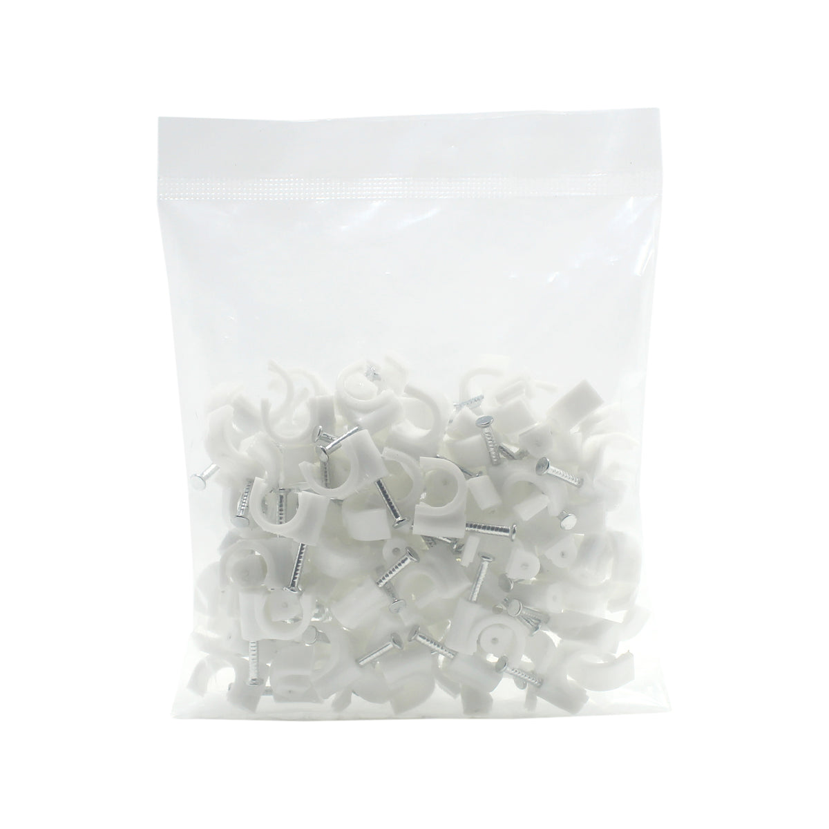 Open poly bag of white 8 mm nail-in cable clips with mounting nails included