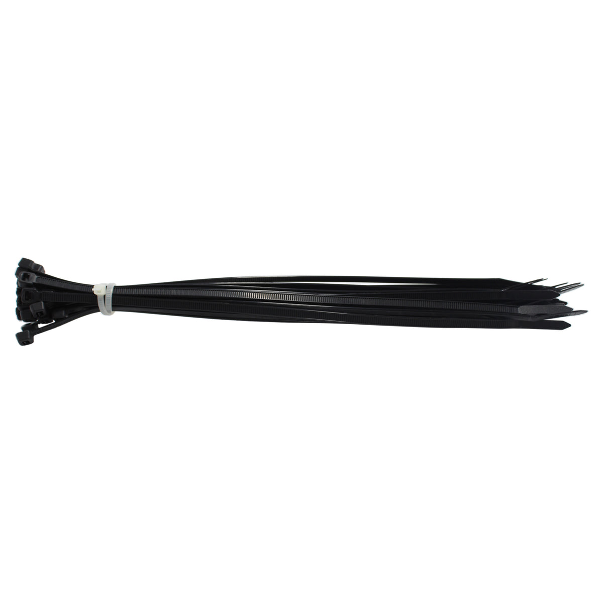 Long black QualGear cable ties from the assortment gathered with a white band