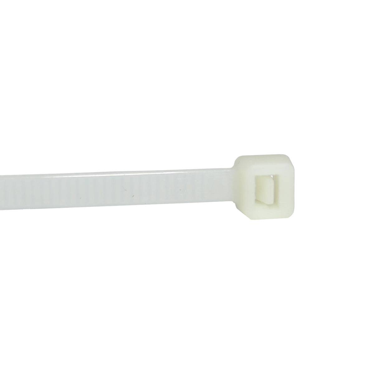 Close-up of a white QualGear 8 in cable tie head showing the self-locking pawl