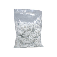 Open poly bag of white 10 mm nail-in cable clips with steel mounting nails