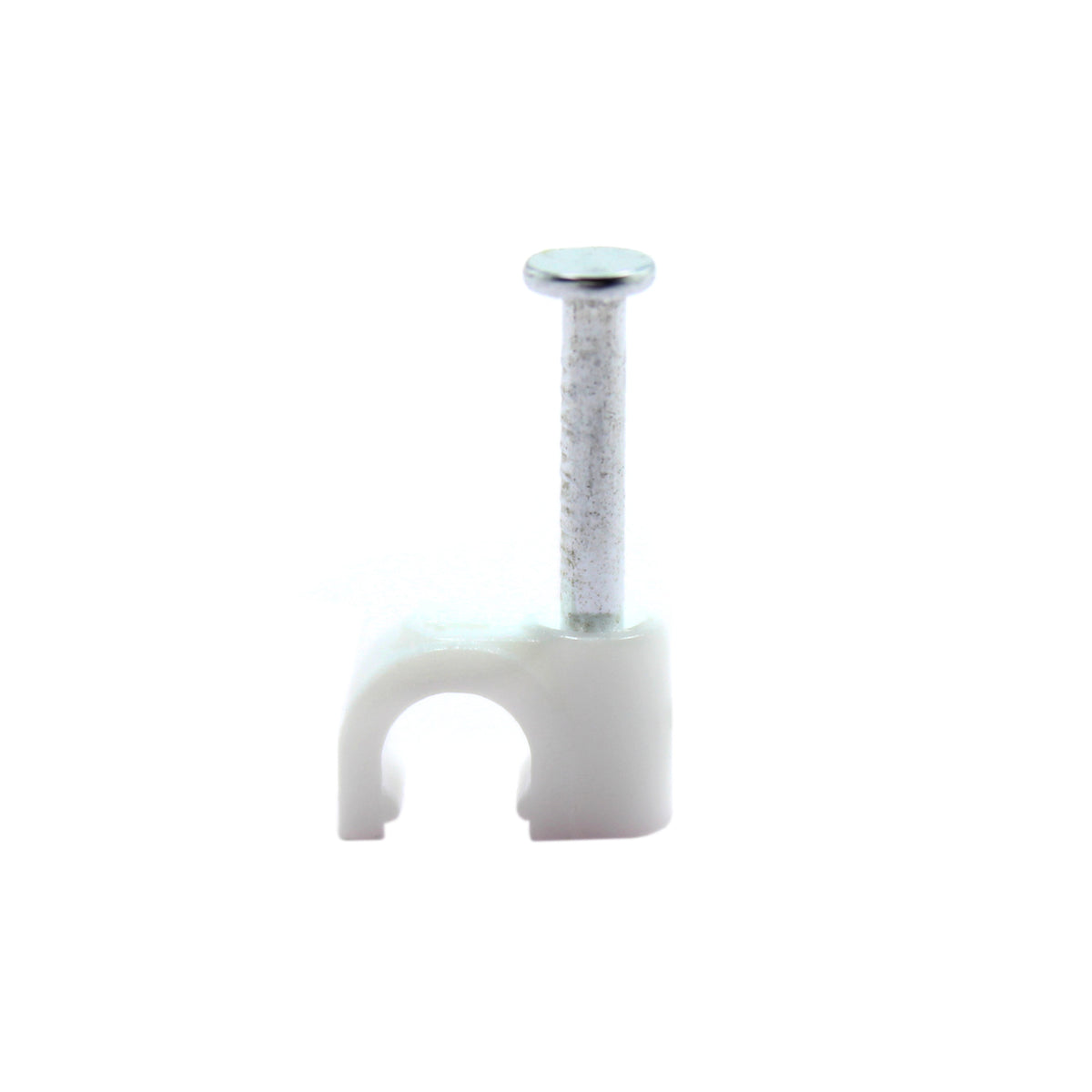 White QualGear 4 mm nail-in cable clip standing upright with its steel nail