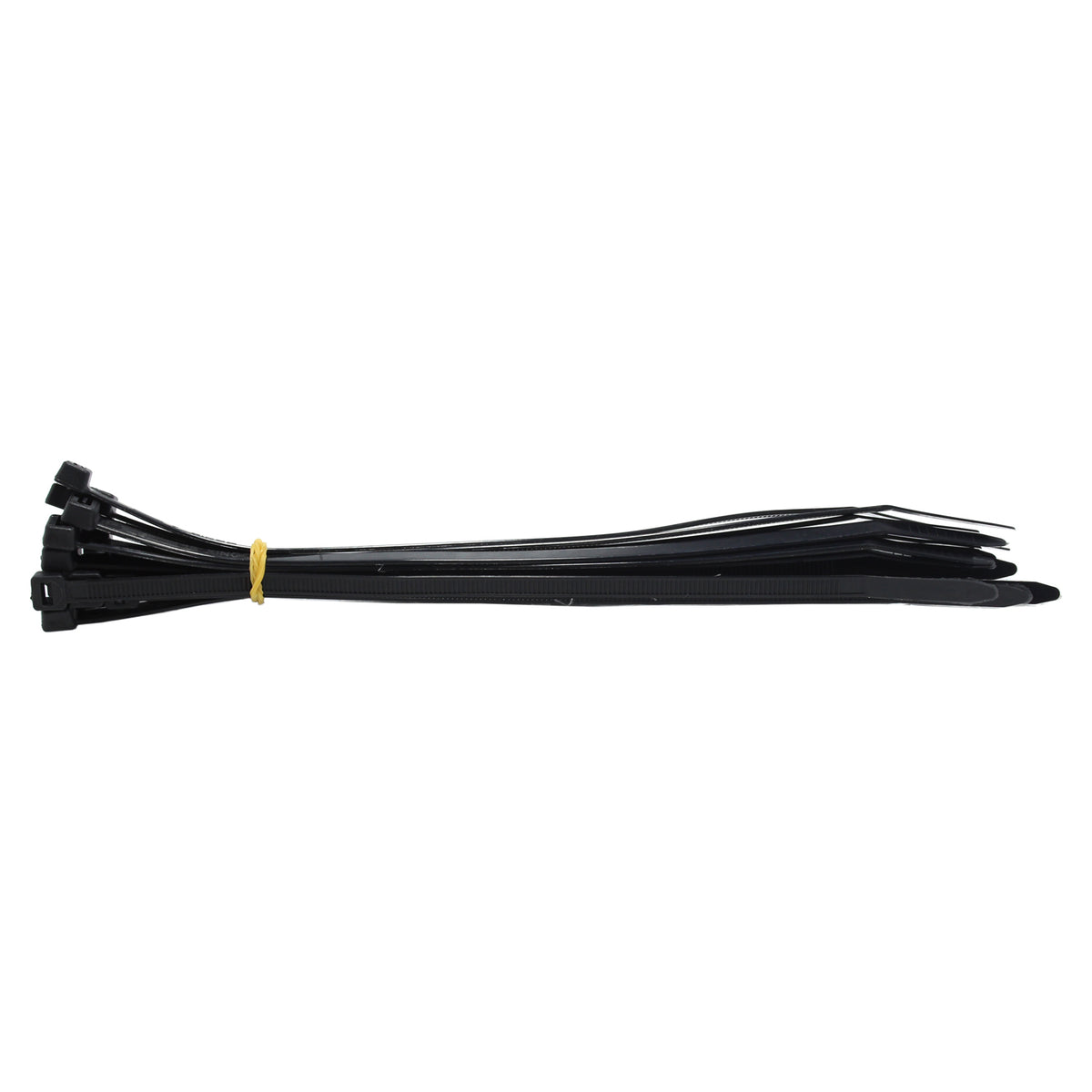 Short black QualGear cable ties from the 200-pack assortment, tips fanned out