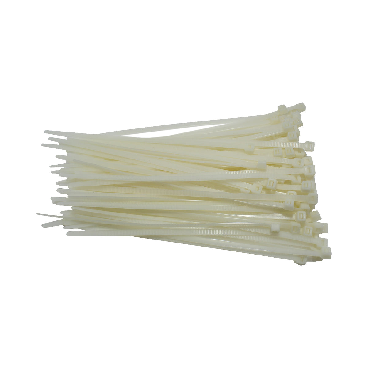 Loose pile of white 8 in QualGear nylon cable ties from the 100 pack