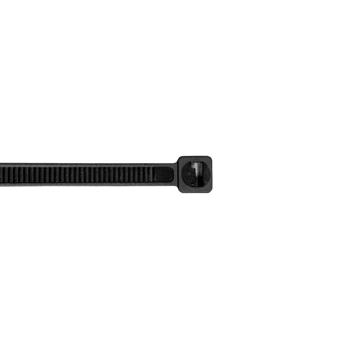 Single black QualGear 4 in cable tie with the self-locking head facing forward