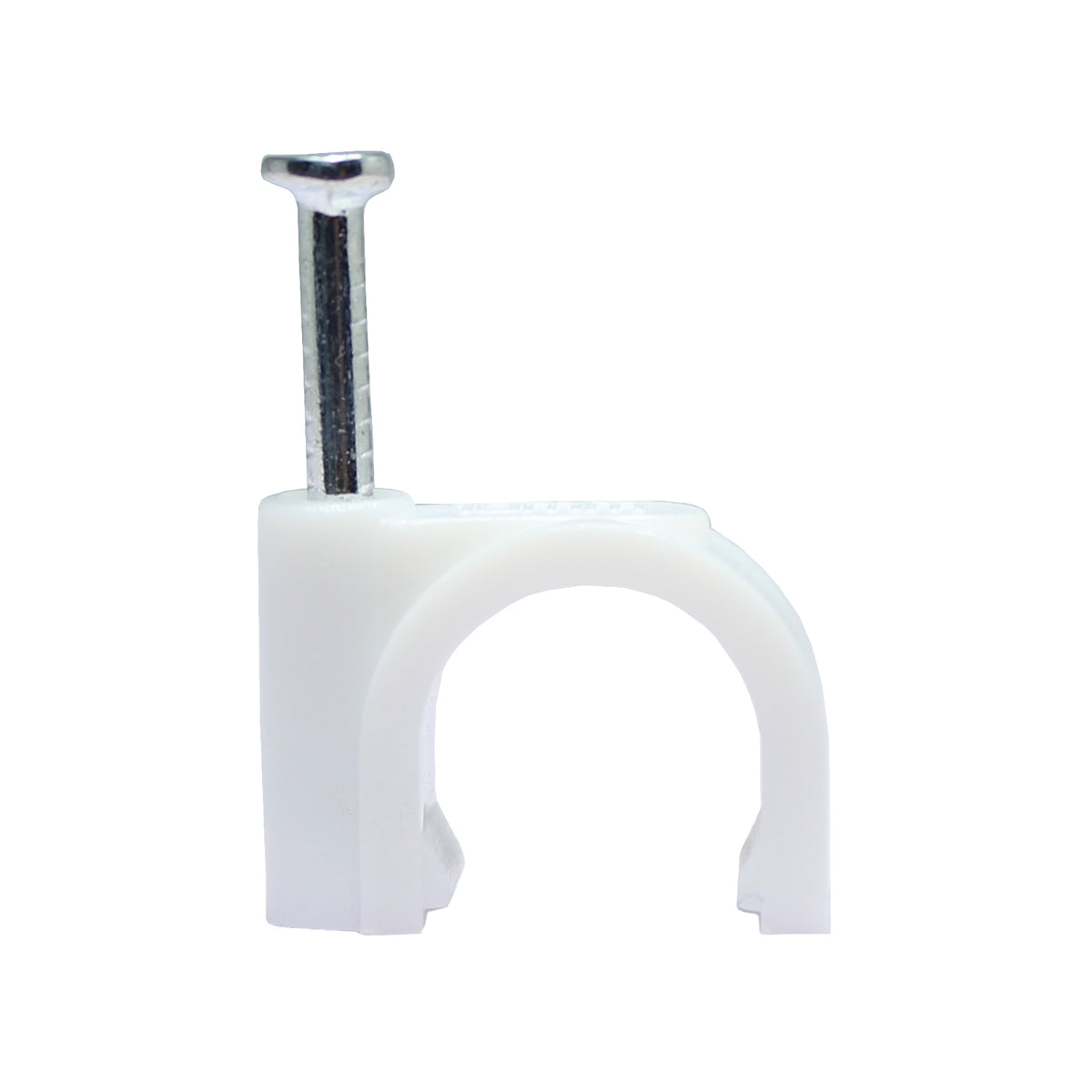 Single white 10 mm nail-in cable clip with flat-head steel nail