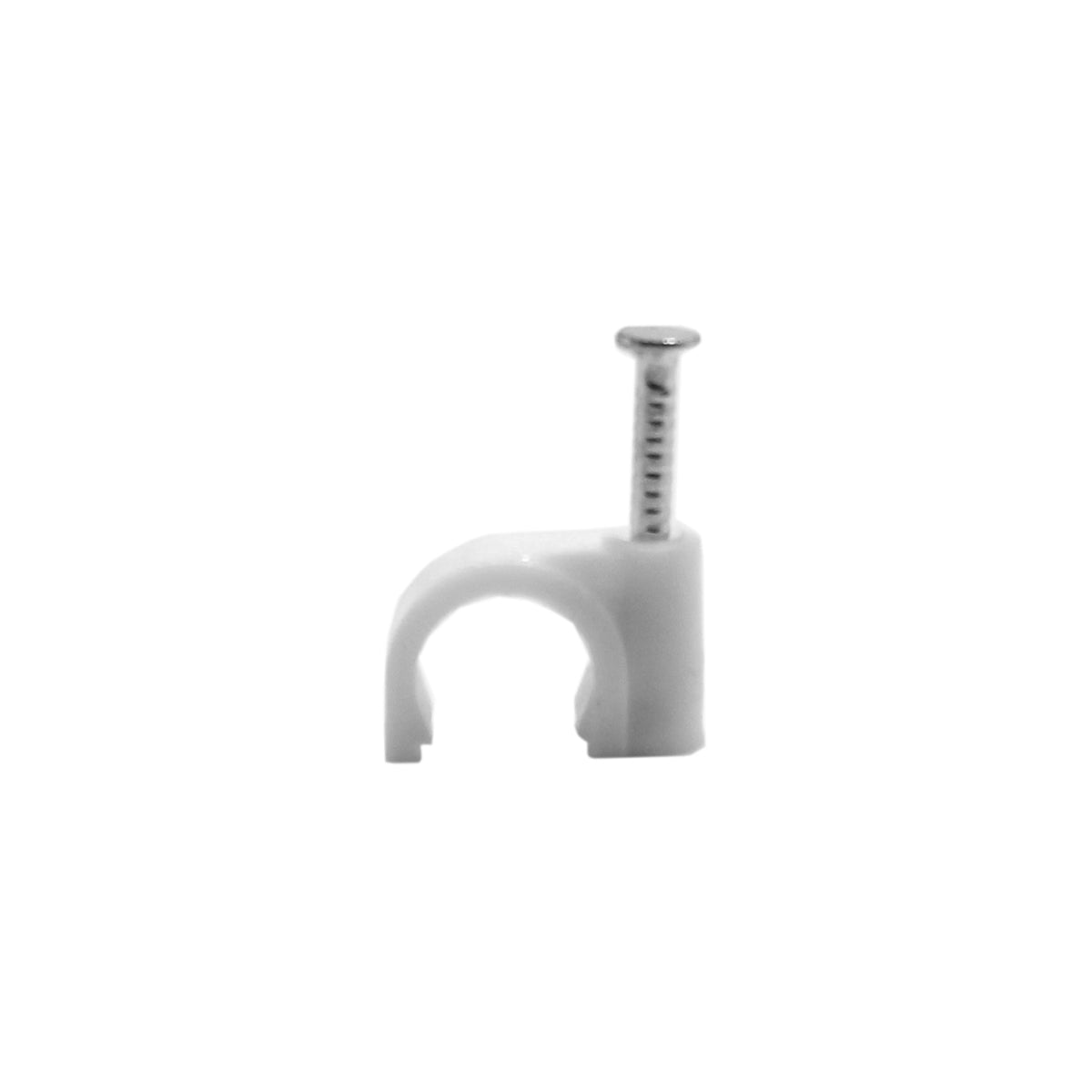 Single white 8 mm nail-in cable clip showing the saddle profile and nail