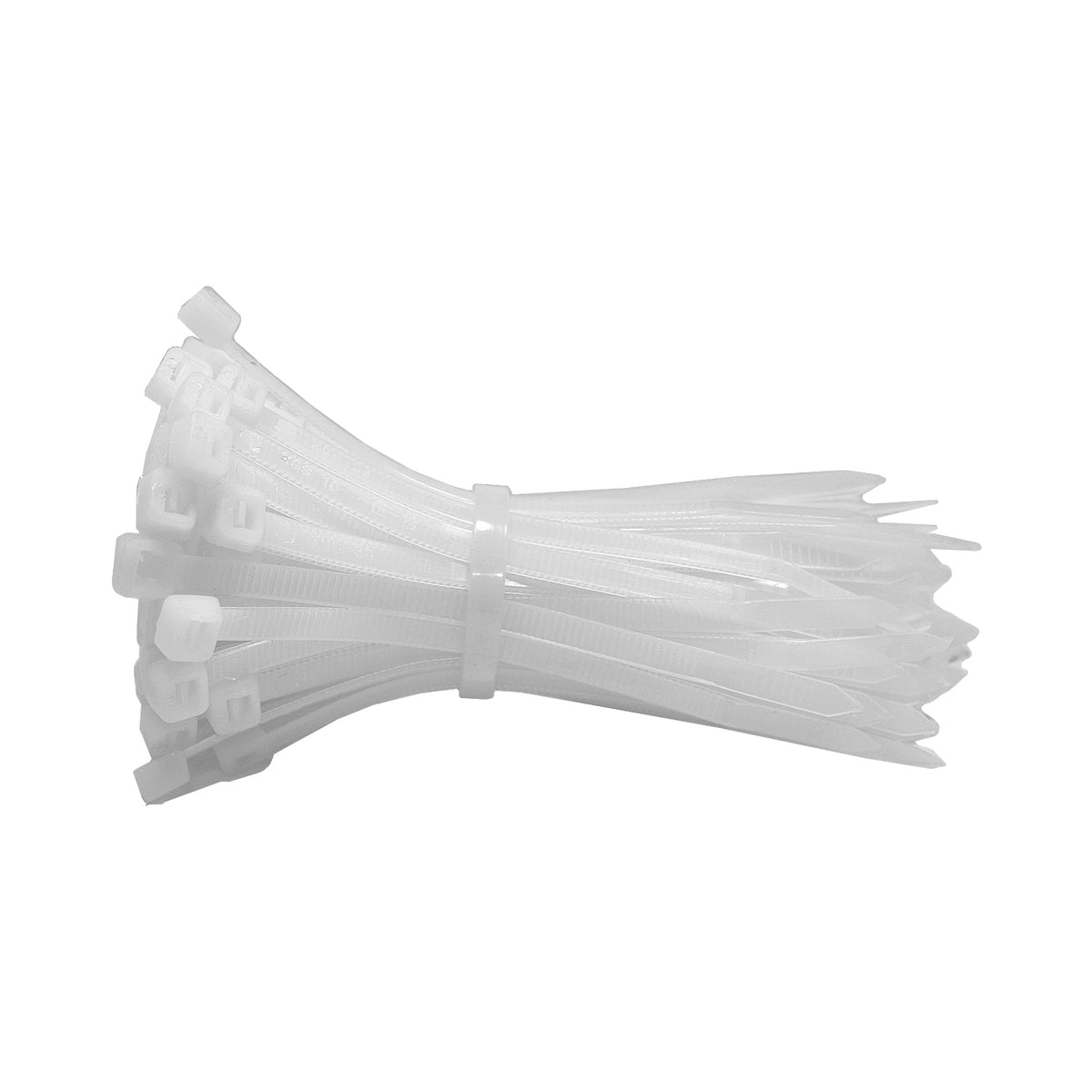 Loose bundle of white 4 in self-locking nylon cable ties showing the locking heads
