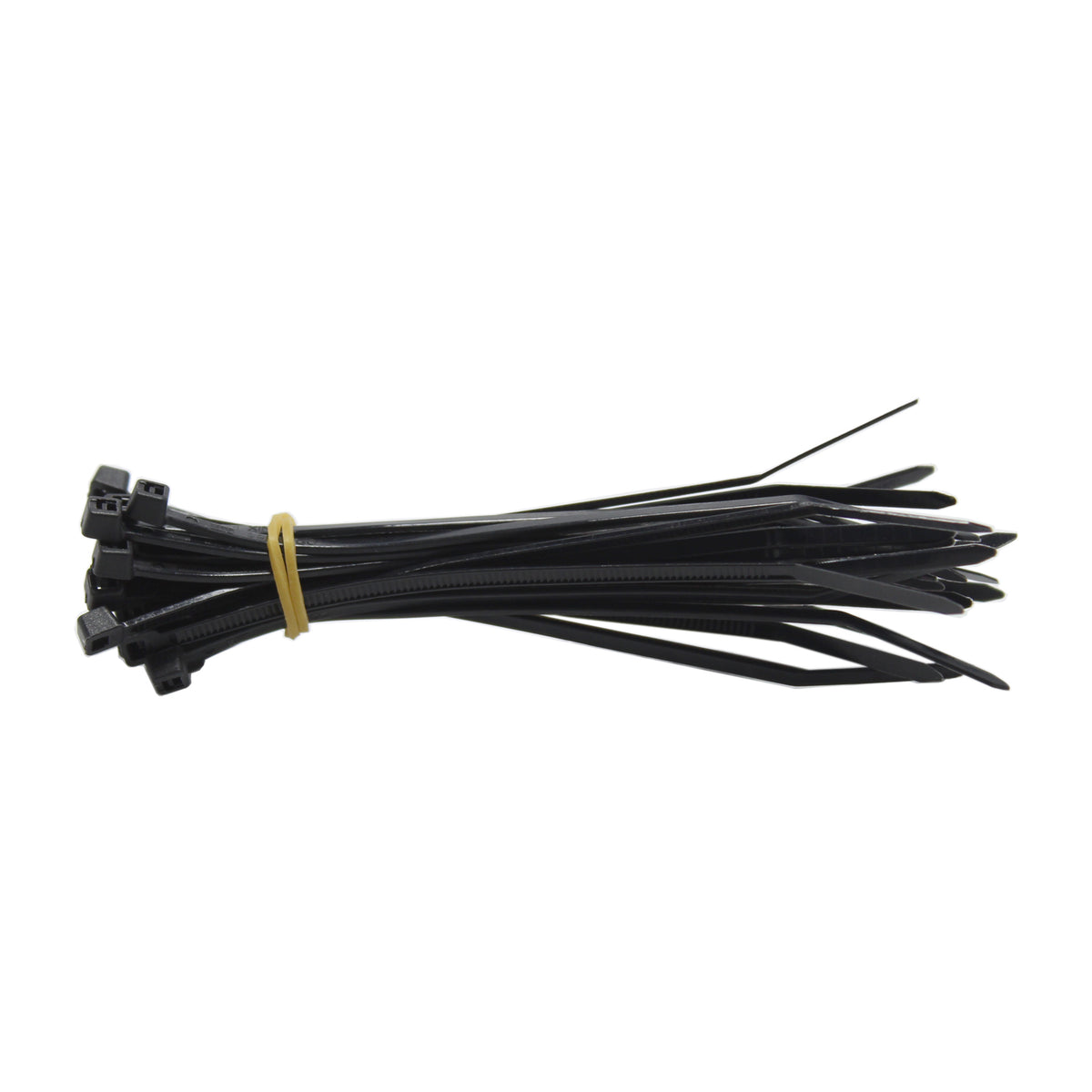 Black QualGear self-locking cable ties bundled with heads aligned at the base