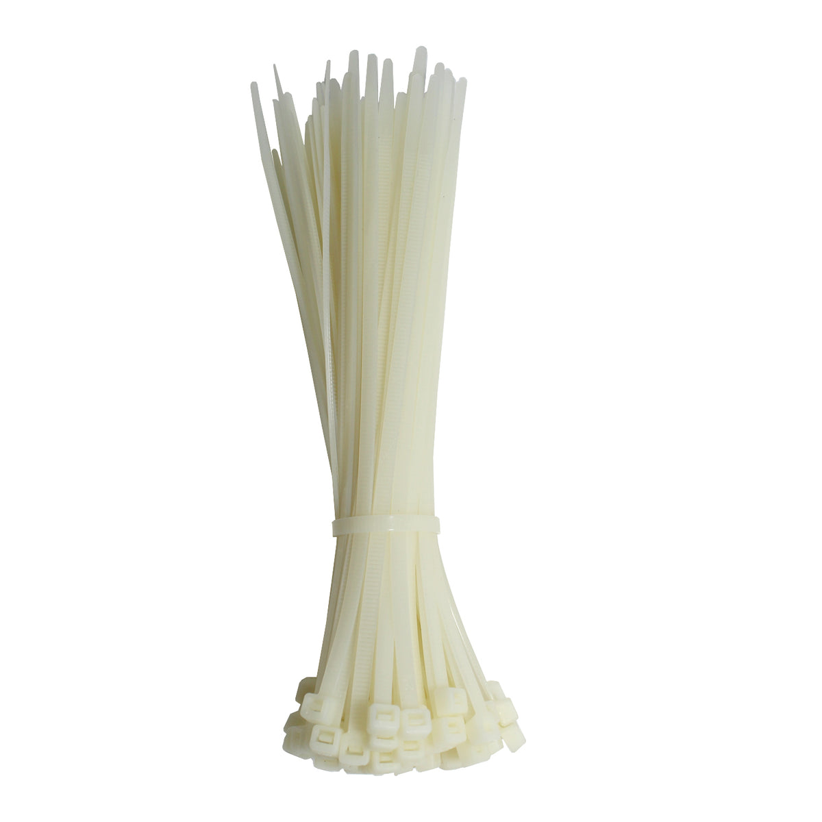 Upright bundle of white QualGear 8 in self-locking cable ties, tips fanned