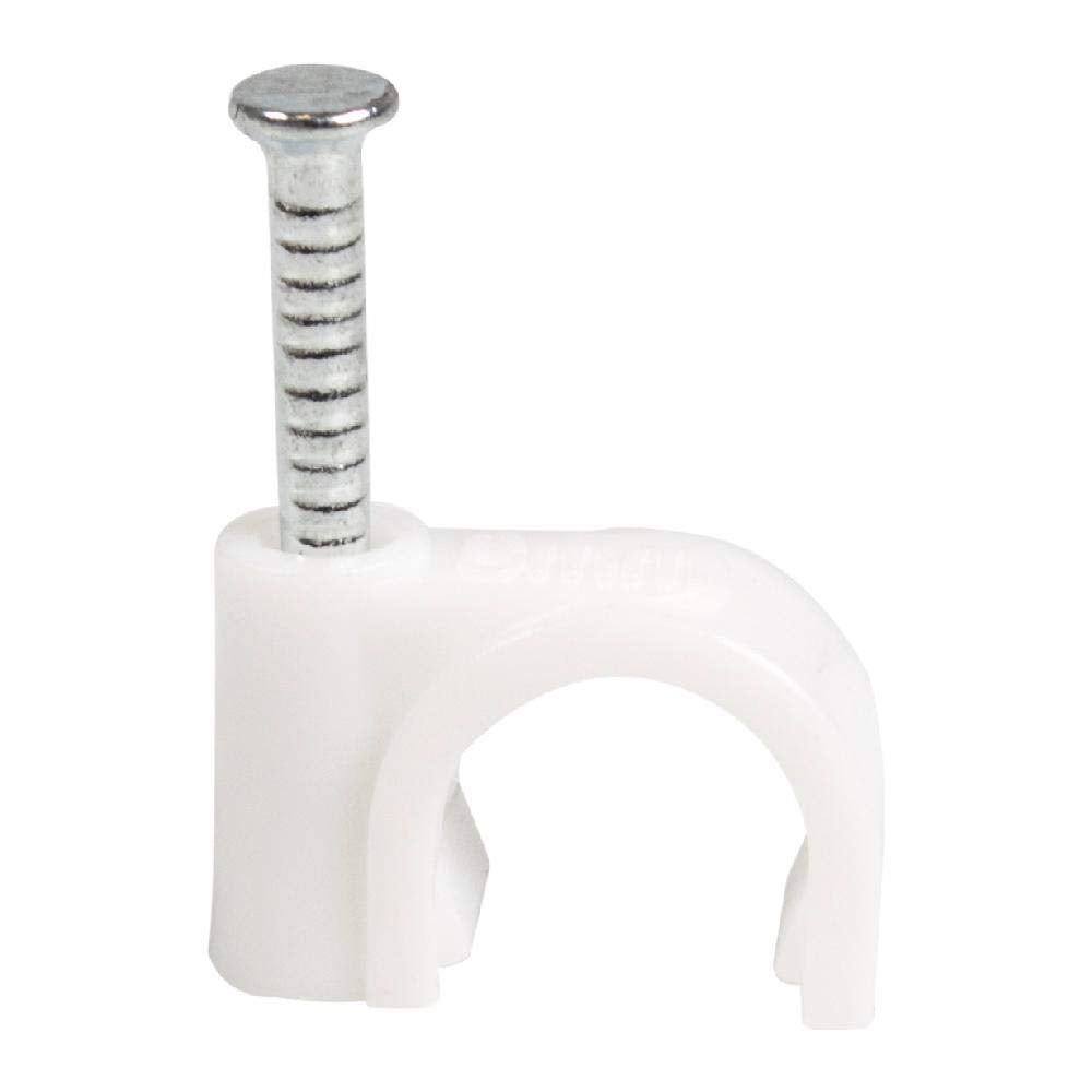 White 10 mm nail-in cable clip angled to show the cable saddle and nail channel
