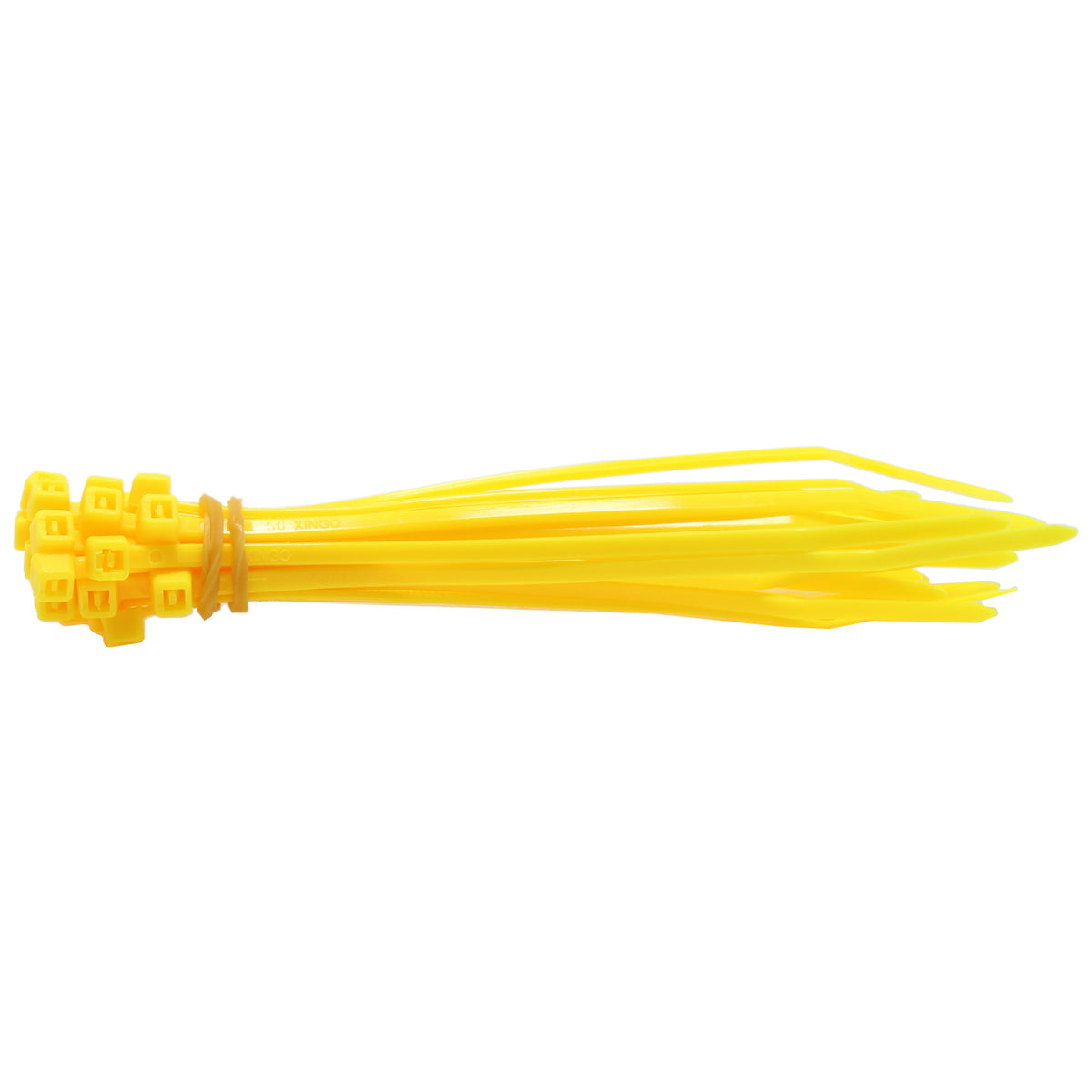Bundle of yellow 4 in QualGear self-locking cable ties banded together