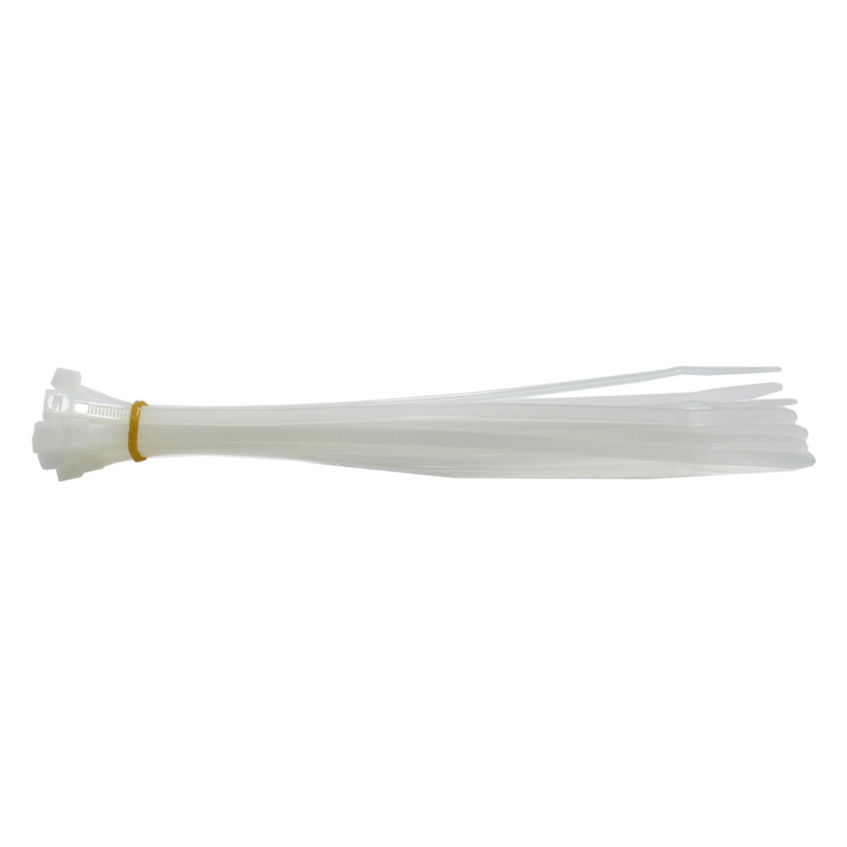 Loose fan of white QualGear self-locking cable ties from the assorted pack