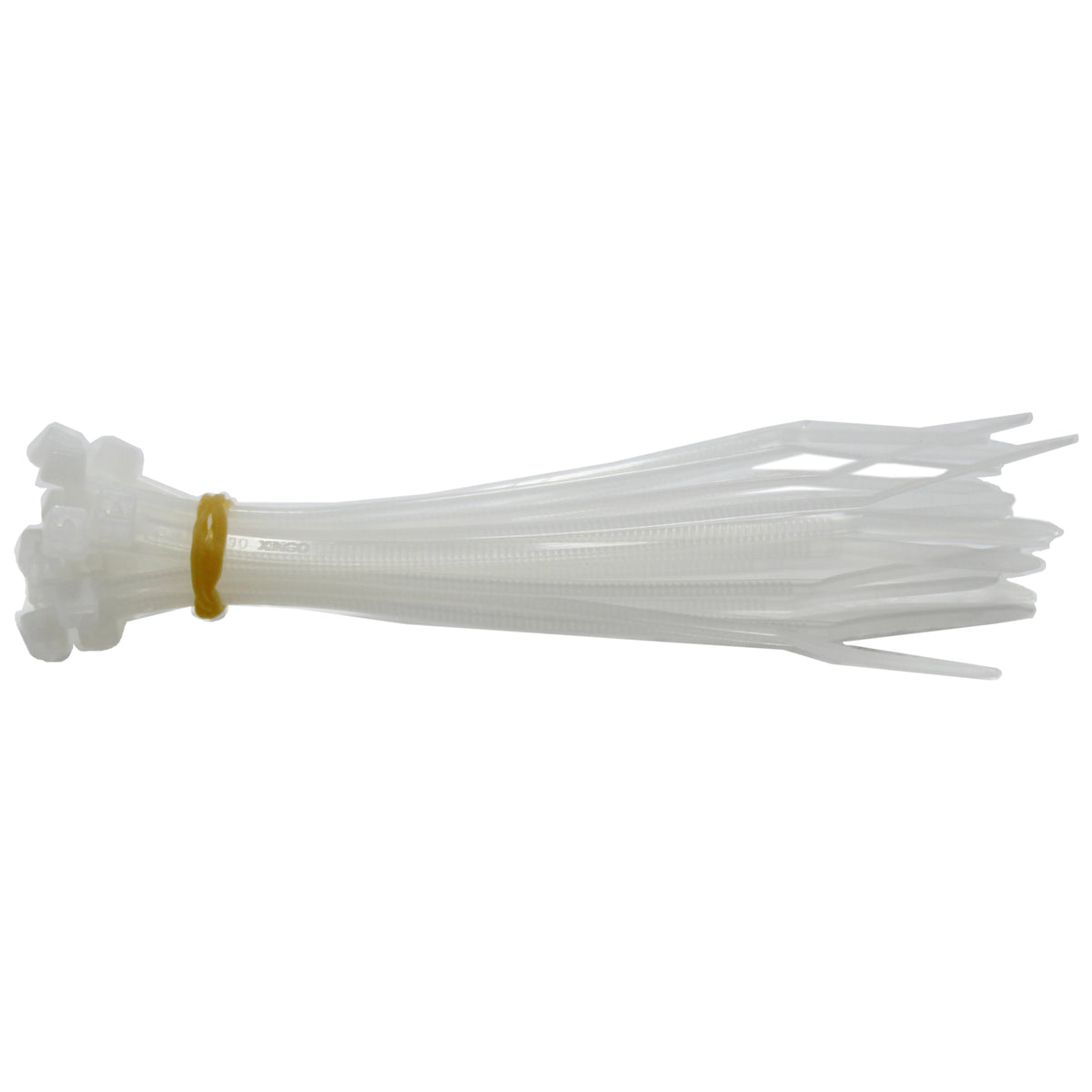Banded group of white QualGear cable ties with locking heads gathered at the base