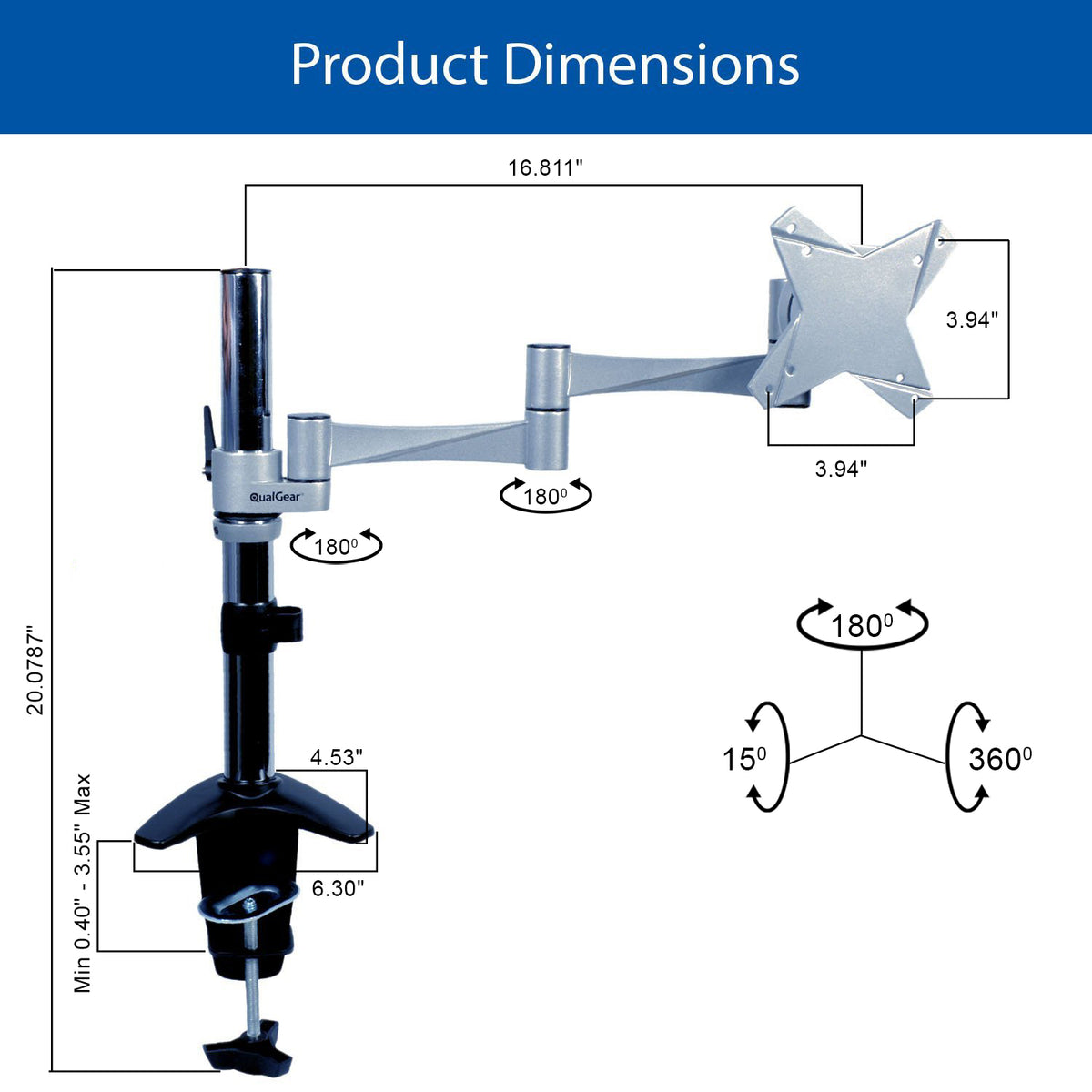 QualGear 3-Way articulating single monitor desk mount 13-32 in silver.