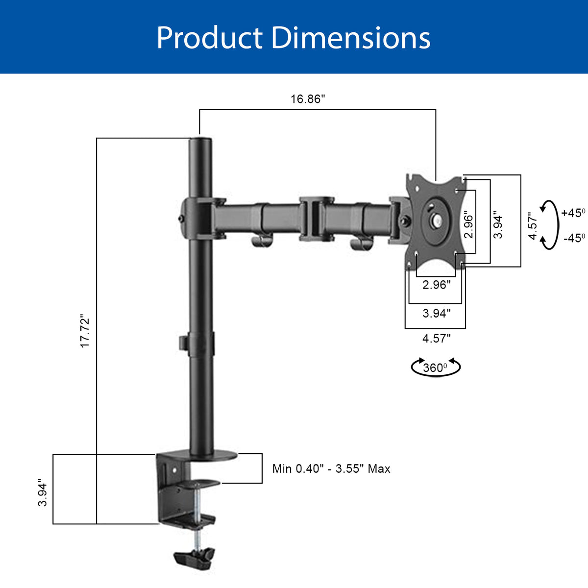 QualGear 3-Way articulating single monitor desk mount 13-32 in black.