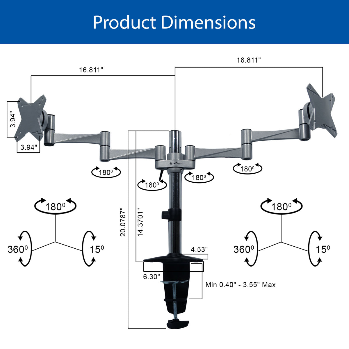 QualGear 3-Way articulating dual monitor desk mount 13-32 in silver.