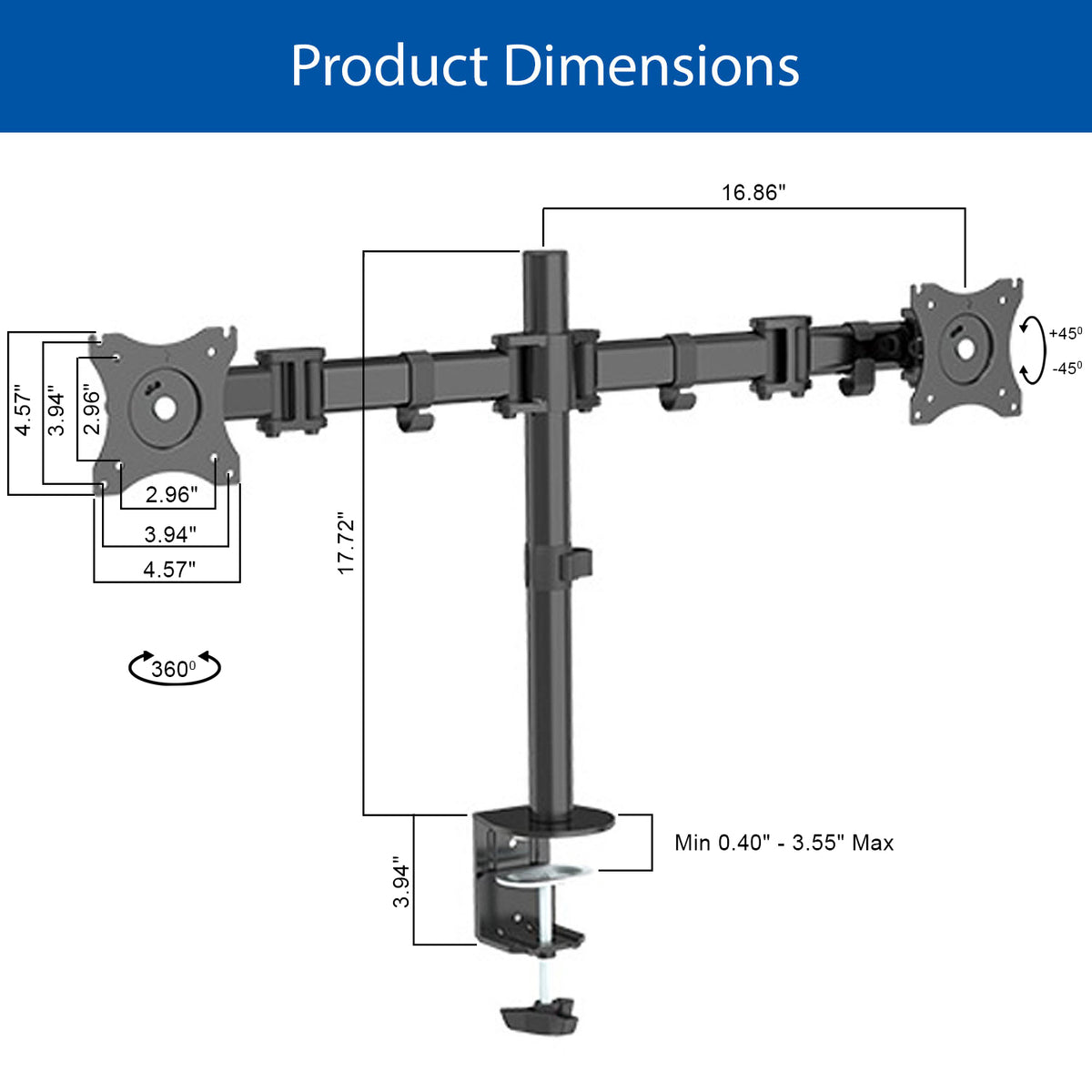 QualGear 3-Way articulating dual monitor desk mount 13-32 in black.