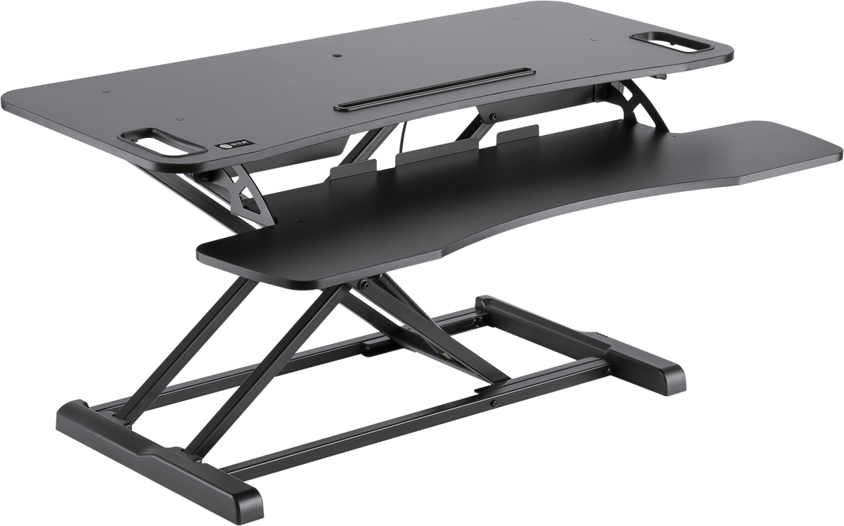 QualGear star ergonomics manual sit-stand desktop workstation black keyboard tray.