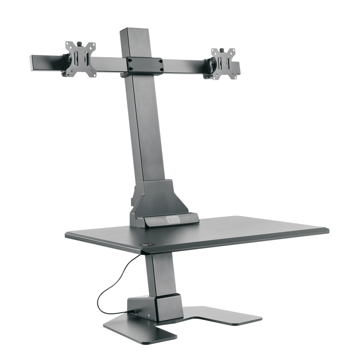 QualGear star ergonomics dual monitor electric sit-stand workstation black keyboard tray.