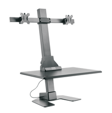 QualGear star ergonomics dual monitor electric sit-stand workstation black keyboard tray.
